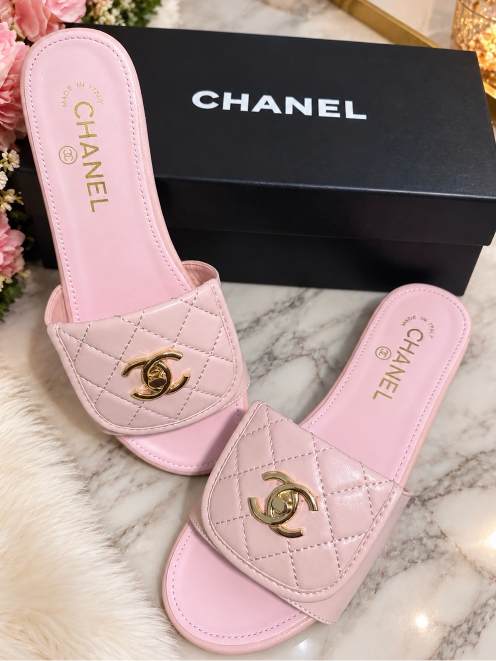 Chanel Pink Quilted Slide Sandals with Gold CC Logo